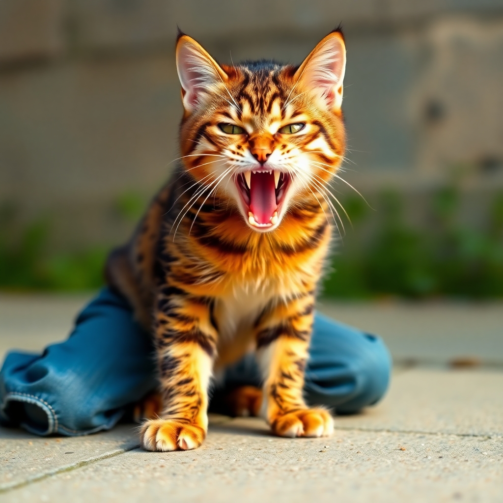 Cat boy showing his fangs kneeling down