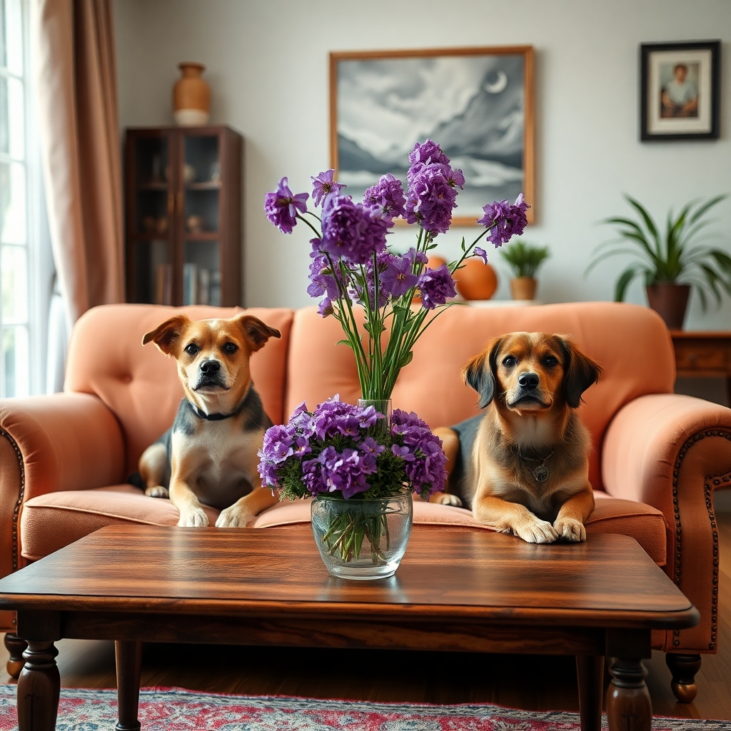 photograph, candid shot, famous randomly couch and randomly finished with randomly dogs, center point for a vase of purple flowers, Use camera is Canon EOS 5D Mark IV with a Canon EF 24mm f/1. 4L II USM lens, set at aperture f/2. 8 for a depth of field that highlights the furniture clean lines with rich and many detail, randomly color and finished, soft ambient light, studio light setting, ultra realistic, UHD, many details