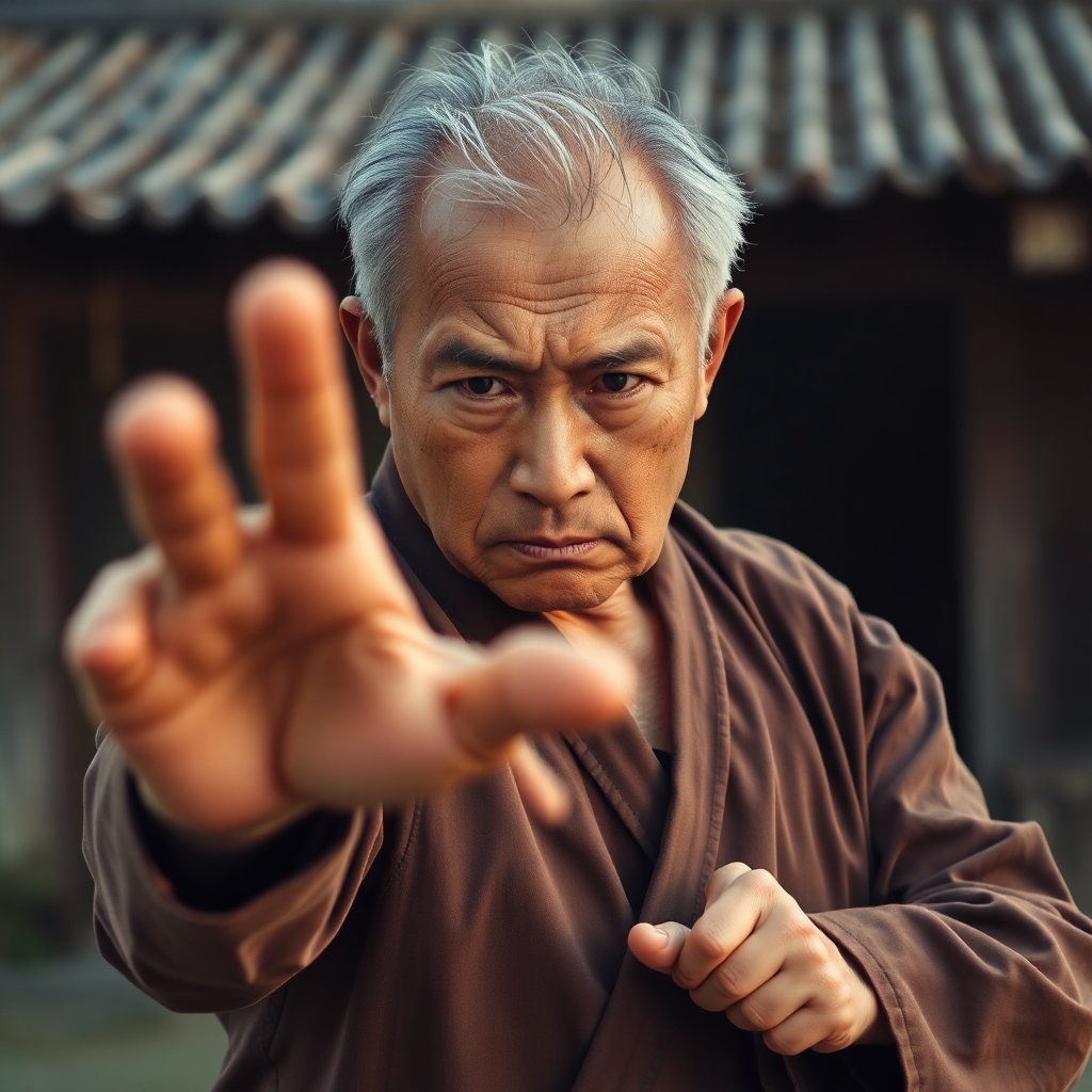 Old asian man performing karate chop with a disgruntled face