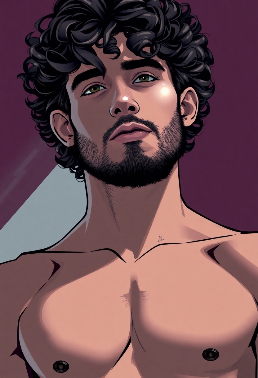 Sexy man with curly hair and short beard. He is in his twenties. he has thik lips. He is toned but not overly muscular.