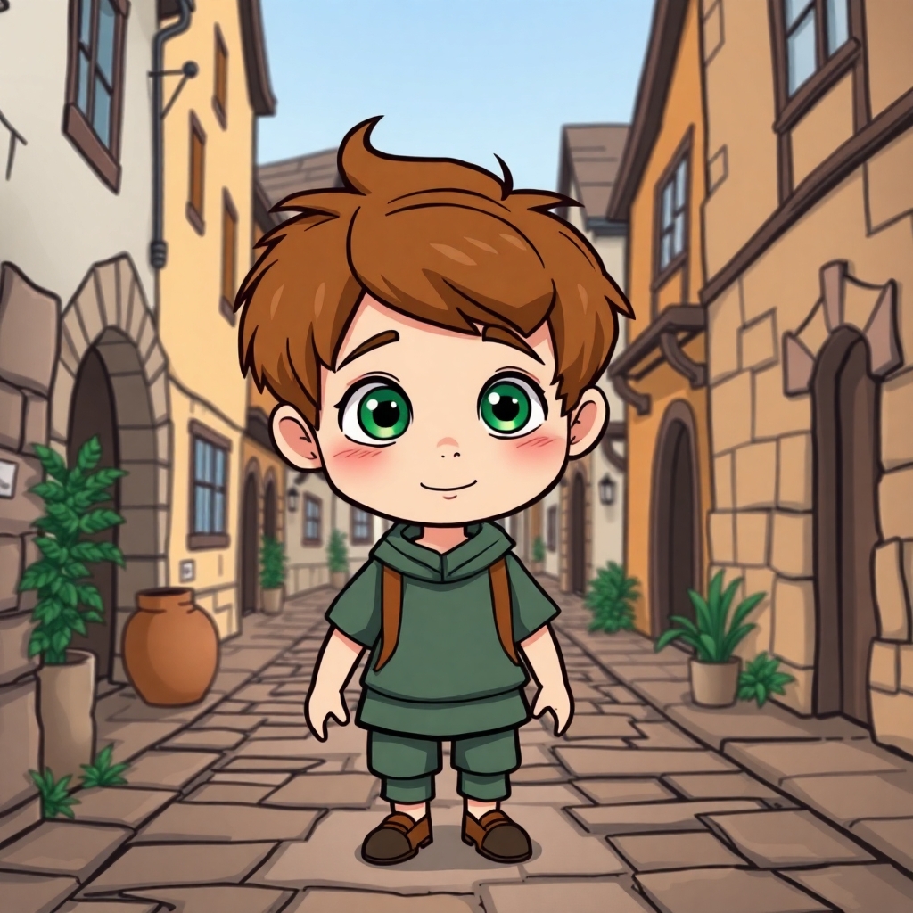 <img alt="a cartoon drawn little boy with brown hair and green eyes at age 11 walking down the mediaeval period street . This is for a children's book so make him cute, innocent and likeable for the reader to look at. I would like images of the same character https://www.imagiyo.com/images/mxkaz6Y5aJ0P/view" src="https://imagiyo.com/generation/images/thumbnails/QLqsVMNanU8knkh_1746156181.webp" />