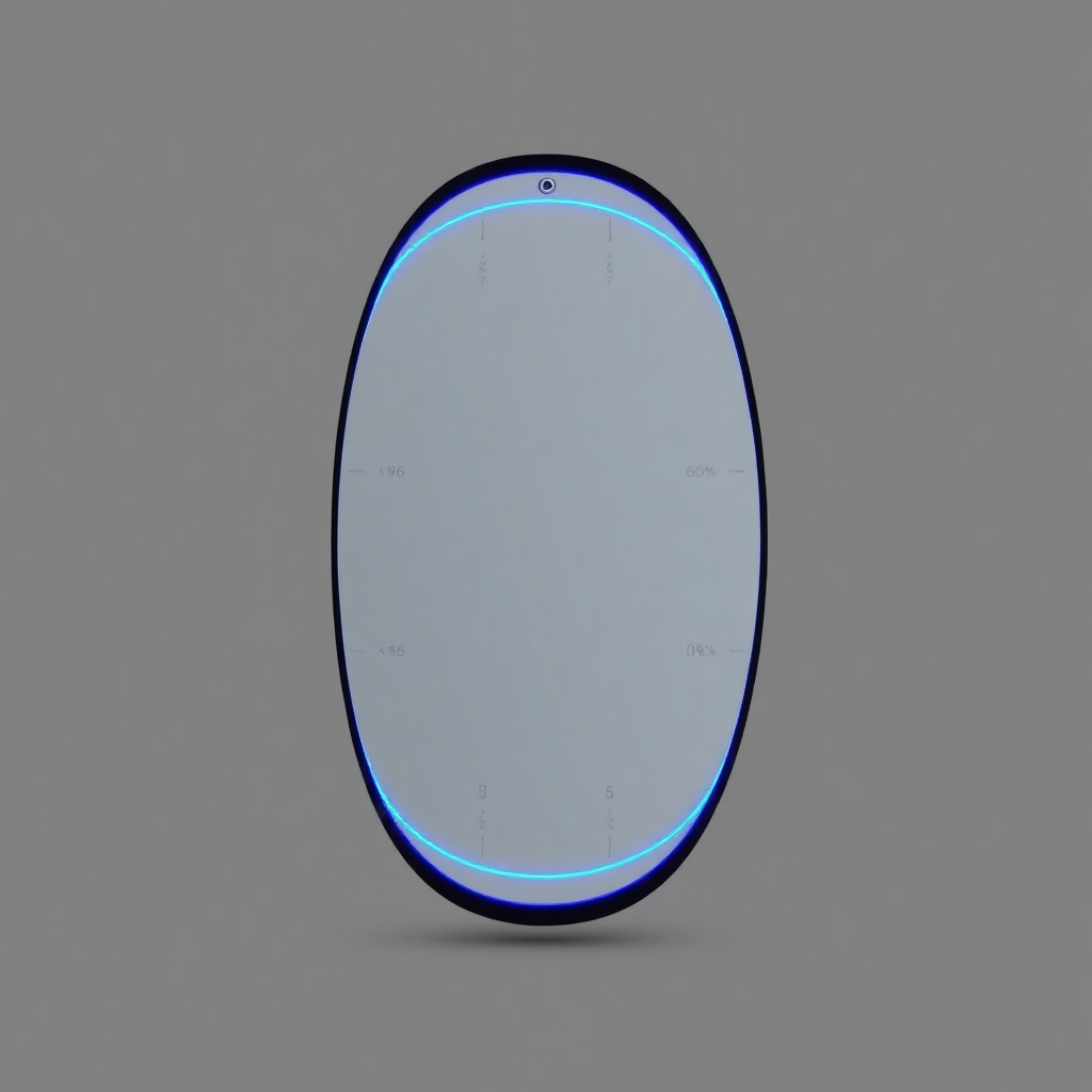 A tall, freestanding oval mirror unit measuring approximately 7 feet high and 3 feet wide, with a flawless, reflective surface. The mirror is framed in polished black onyx, matte in finish, with no visible seams. Two concentric LED-style rings encircle the mirror: the outer ring is electric blue and positioned just inside the frame, while the inner ring is violet and approximately 60% the diameter of the mirror. Between these rings, faint luminous markings and symbols suggest encoded information, softly pulsing. The top center of the unit houses a subtle projection module — a small inset lens that emits a faint vertical glow upward. The background is evenly lit in neutral gray to highlight the mirror without shadow. No human figure is present. The mirror stands in isolation as a sacred tech object.