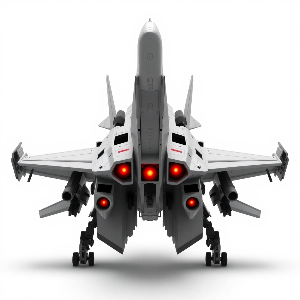 Chinese, Chengdu J-20 style, symmetrical, Macross Valkyrie, Gerwalk Mode, with arms & GU-11 Gun Pod,on a white background