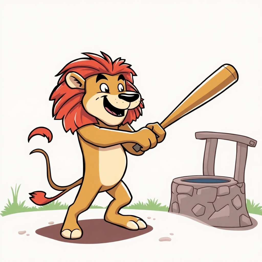 cartoon lion swinging a baseball bat with an artesian well in the background
