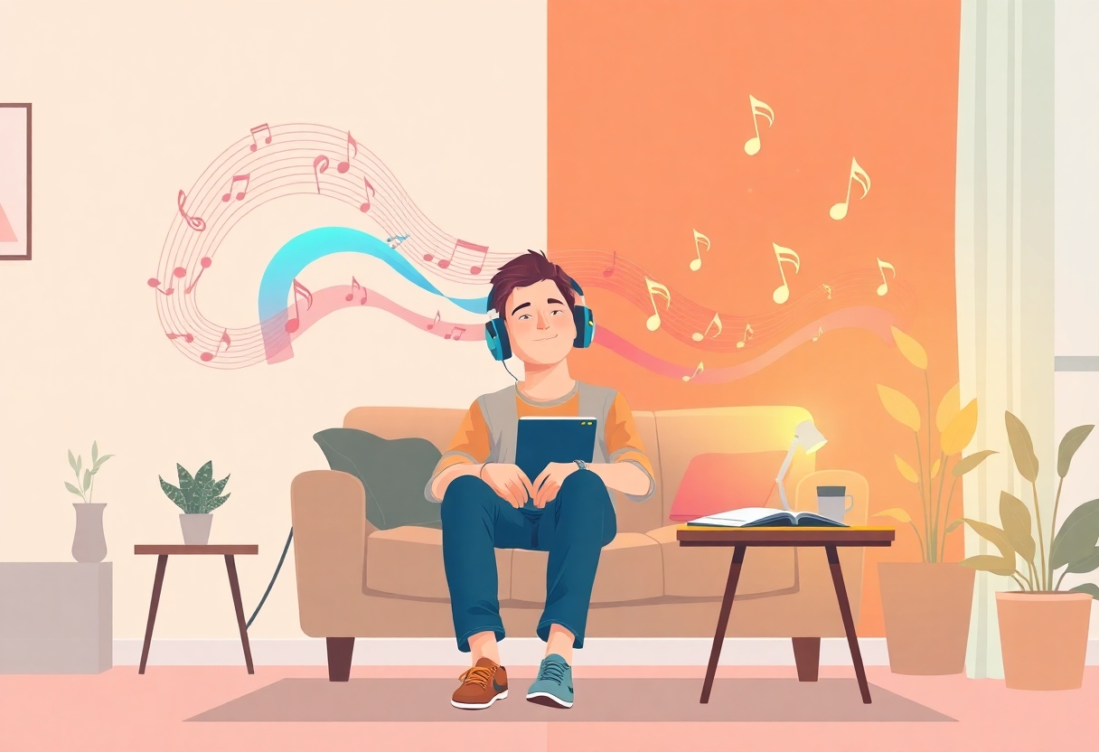A detailed modern flat vector illustration, editorial illustration style, showing how music influences mood in everyday life within a complete indoor environment. A person is comfortably sitting or relaxing in a cozy living space, listening to music through headphones or speakers, with a calm and slightly uplifted expression. The environment includes clear spatial elements such as a softly colored wall, visible floor, a sofa or chair, a small table, and decorative elements like plants and warm lighting.  Around the person, music is visualized as flowing, colorful sound waves and soft rhythmic shapes that move through the space, gradually transforming the atmosphere. One side of the scene subtly reflects a more neutral or slightly dull mood, while the other side becomes warmer, brighter, and more vibrant as the music spreads, symbolizing emotional shift and mood improvement.  Include integrated elements such as a music player interface on a device, subtle musical notes blended into the environment, and gentle light accents that respond to rhythm, all naturally embedded in the scene rather than floating separately. The composition should feel immersive and emotionally expressive, showing how sound reshapes the space.  Style uses smooth shapes, soft gradients, slight depth, and clean editorial design. The color palette transitions from muted neutral tones into warmer, richer colors like soft oranges, pinks, and calming blues to represent mood elevation. High detail, crisp edges, and balanced composition.  CRITICAL: full scene composition with a complete environment. The background must be part of the scene with clearly visible environment elements such as walls and floor. The image must be fully filled edge-to-edge. Absolutely no white background anywhere in the image. No blank or empty areas. No isolated objects. No floating composition. No transparent background. The background is not a studio backdrop, it is a real environment.