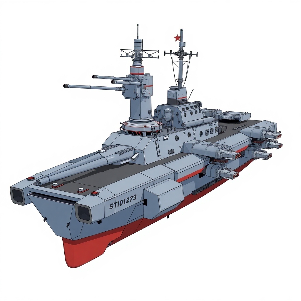 one, ARMD Platform style, Robotch, Soviet, Sci-Fi, Space aircraft carrier, battleship gun turrets, on a white background