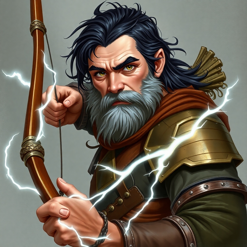 A fifth-edition dungeons and dragons character who is a middle-aged dwarf ranger. He has black hair, gray eyes, weilds a magical bow that creates lightning, and wears a mithril breastplate.