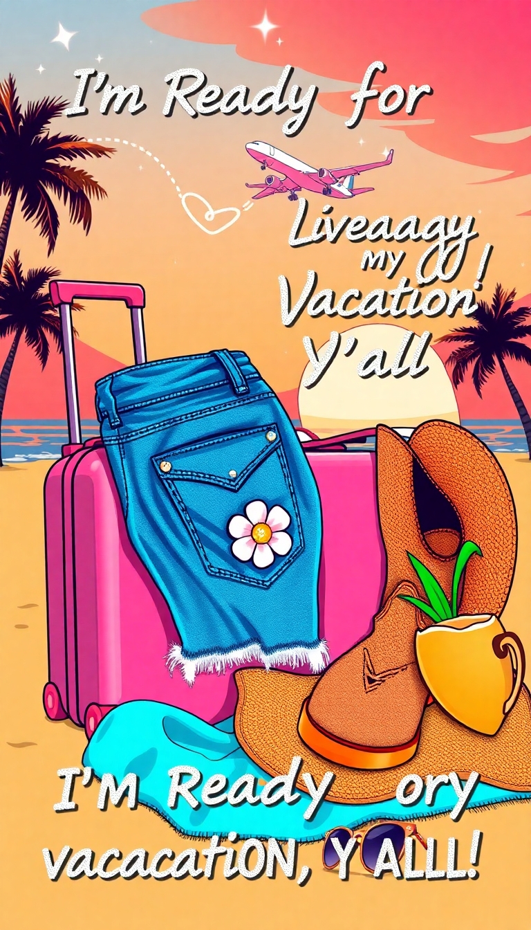 fun and colorful vacation poster in a retro-meets-Western style. A pair of frayed denim Daisy Dukes with rhinestone studs and a daisy flower on the pocket is draped over a cowgirl boot resting beside a pink rolling suitcase. The background features a sunset beach scene with palm trees, sparkles in the sky, and an airplane leaving a heart-shaped smoke trail. Nearby, a wide-brimmed cowgirl hat rests on a beach towel, next to a coconut drink and cat-eye sunglasses. Text in glittery retro lettering says: ‘I’m Ready for My Vacation, Y’all!’. The color palette includes soft pinks, golden oranges, denim blue, and hints of turquoise. Style is playful, feminine, and perfect for a southern summer escape.