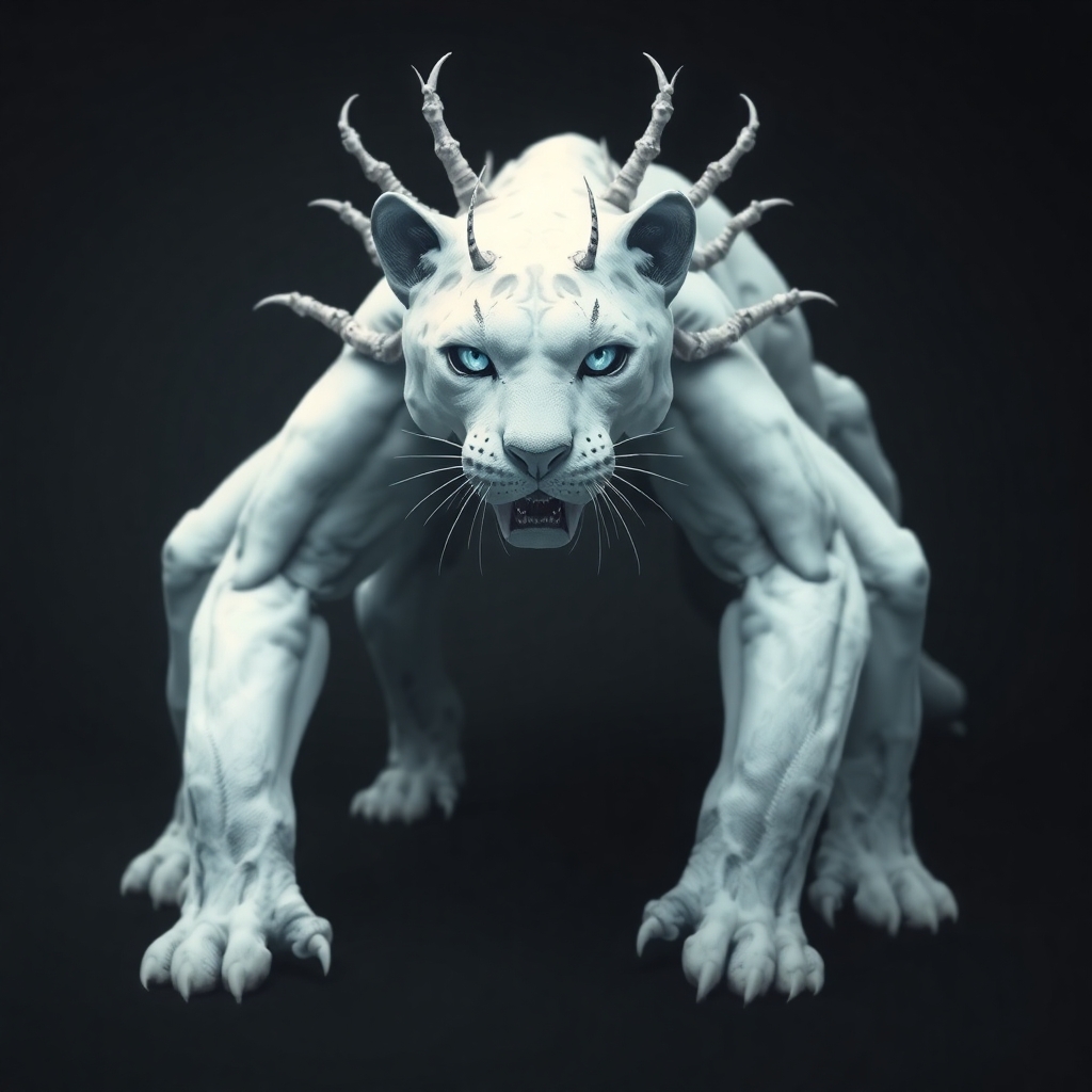 A six legged, giant all white panther with ice blue eyes and 4 barbed tentacles sprouting from its shoulders