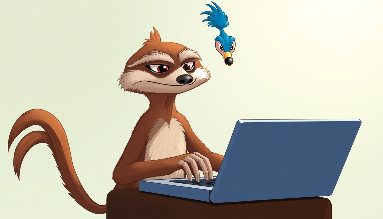 A sloth typing on a laptop while the Road Runner stands behind him looking impatient