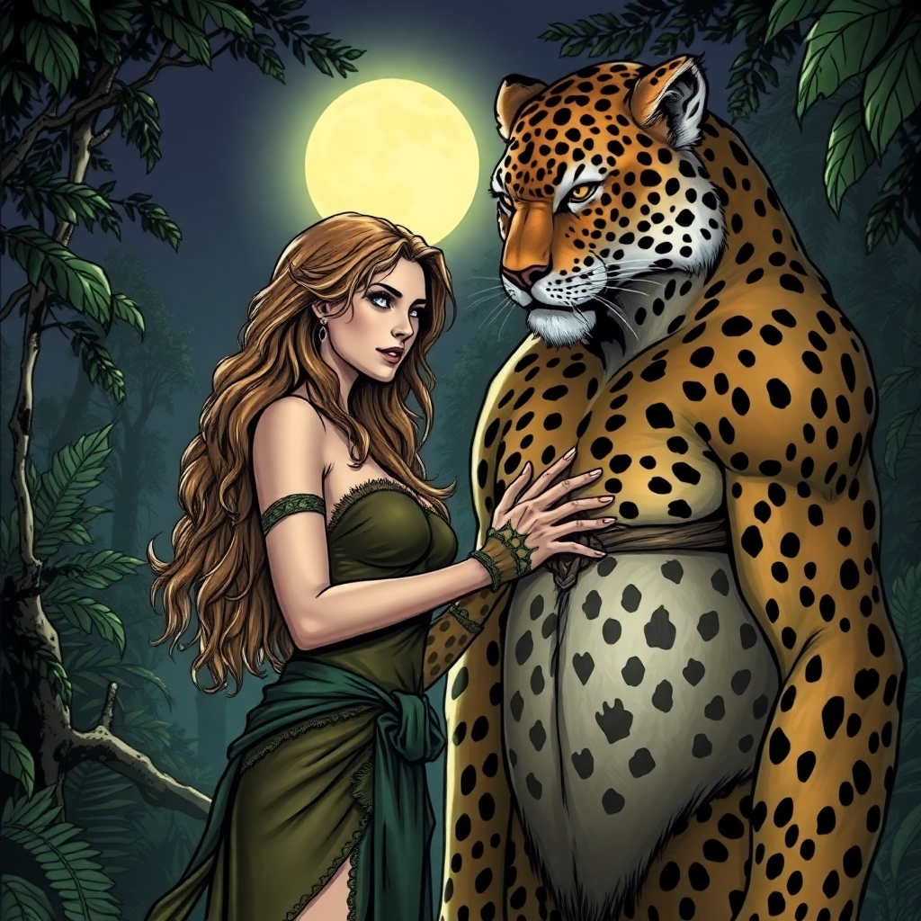 A mysterious beautiful female Druid wearing an animal skin standing side to the camera facing a powerful humanoid leopard man. Her hand is resting on his chest. They are in a jungle clearing on a moonlit night.
