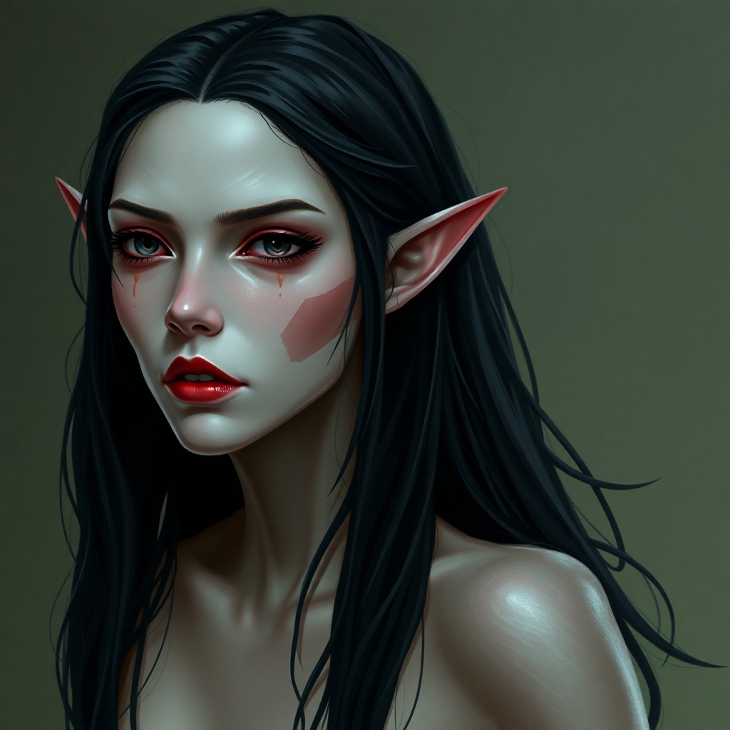 A pale-skinned female elf with red lips and black hair. She has been cursed with undeath and hungers for love