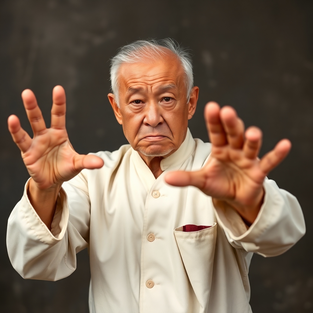 Old asian man performing karate chop with a disgruntled face