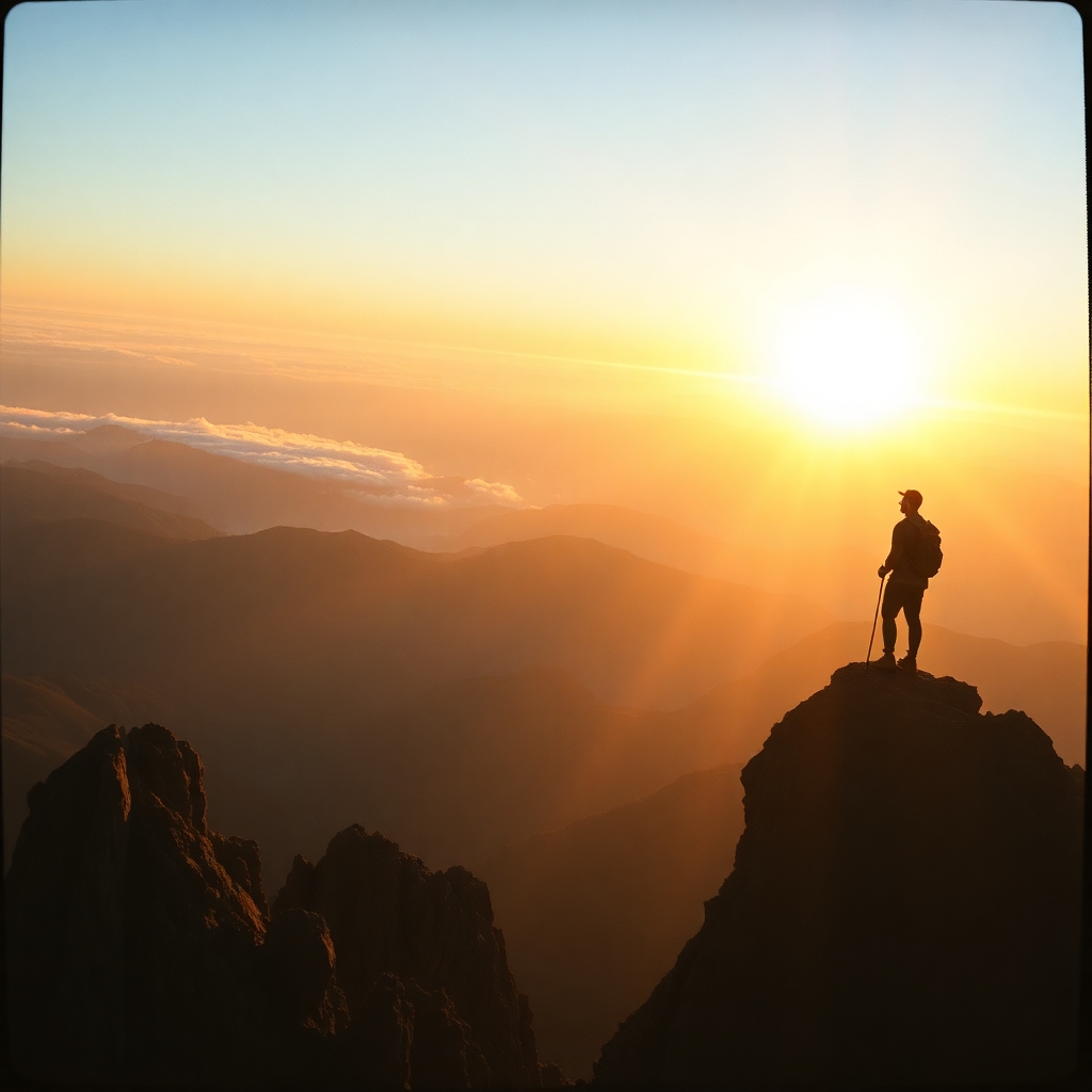 (((Fine art photography:1.8))), ((cinematic film:1.8)), (grainy Polaroid aesthetic:1.4), ((realistic skin texture:1.9)), ((volumetric light:2.0)), (((warm backlight:1.8))), ((dynamic shadows:1.6)) A breathtaking mountain landscape at sunrise, featuring a solitary hiker standing on the edge of a rugged cliff. The view captures an expansive range of rolling hills and peaks in the background, cloaked in a soft layer of morning mist. Warm golden rays of sunlight burst through the clouds, illuminating the scene and creating dramatic contrasts between light and shadow. The foreground showcases jagged rock formations, highlighting the rough terrain and adding depth to the composition. The atmosphere feels serene yet invigorating, embodying a sense of adventure and solitude. The color palette transitions from deep blues and purples in the shadows to vibrant yellows and oranges where the sunlight touches. This composition is suggestive of exploration and connection with nature, recalling the style of classic landscape painting with a modern touch. Ideal for evoking feelings of inspiration and tranquility.