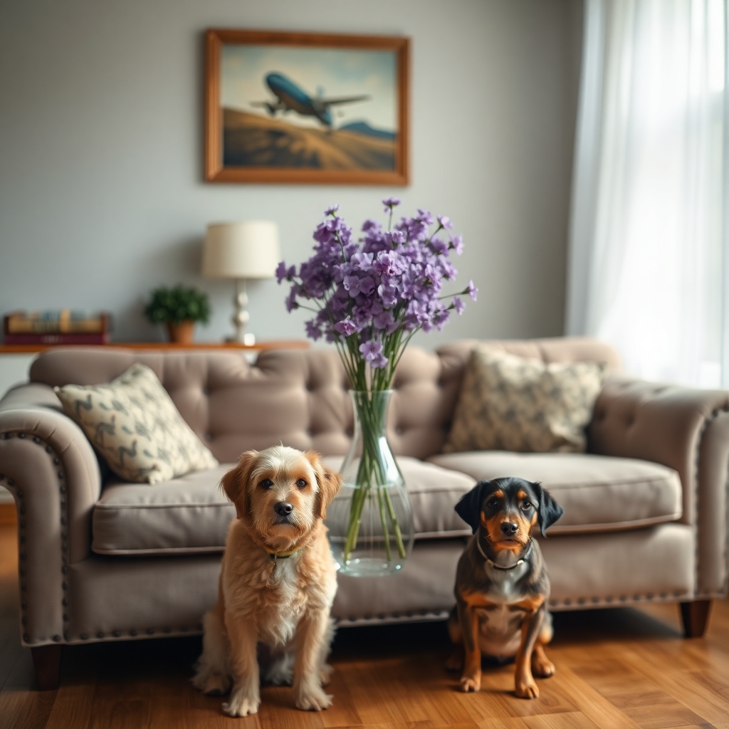 photograph, candid shot, famous randomly couch and randomly finished with randomly dogs, center point for a vase of purple flowers, Use camera is Canon EOS 5D Mark IV with a Canon EF 24mm f/1. 4L II USM lens, set at aperture f/2. 8 for a depth of field that highlights the furniture clean lines with rich and many detail, randomly color and finished, soft ambient light, studio light setting, ultra realistic, UHD, many details