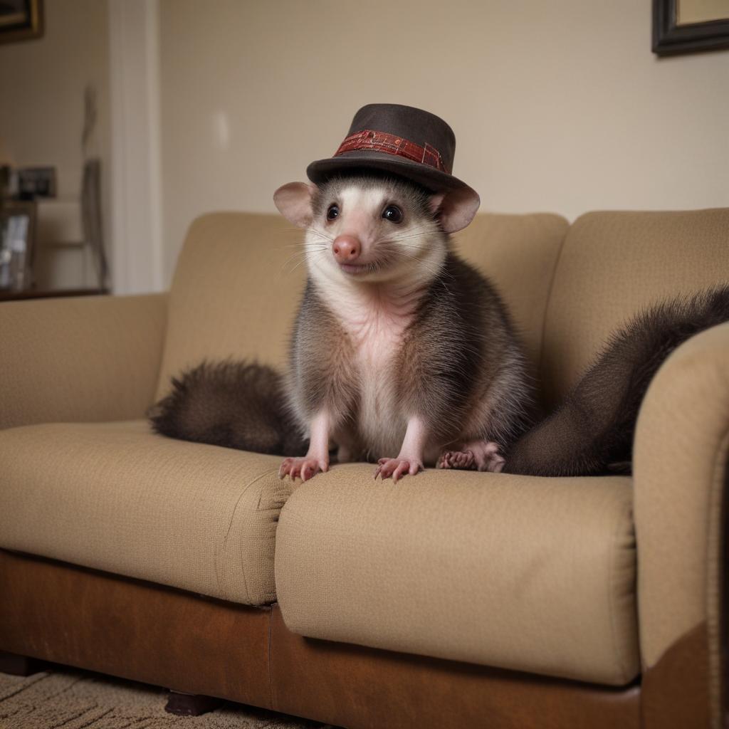 photograph, candid shot, famous randomly couch and randomly finished with randomly Opossums, center point for an Opossum wearing a hat, Use camera is Canon EOS 5D Mark IV with a Canon EF 24mm f/1. 4L II USM lens, set at aperture f/2. 8 for a depth of field that highlights the furniture clean lines with rich and many detail, randomly color and finished, soft ambient light, studio light setting, ultra realistic, UHD, many details
