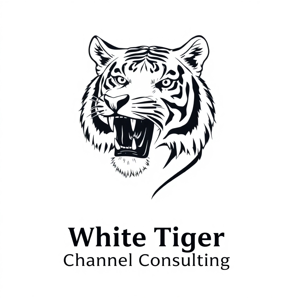 Create a white tiger with its head to the side with its teeth showing. Make it a drawing and center the image and below the picture place White Tiger Channel Consulting in bold arial and make the writing black