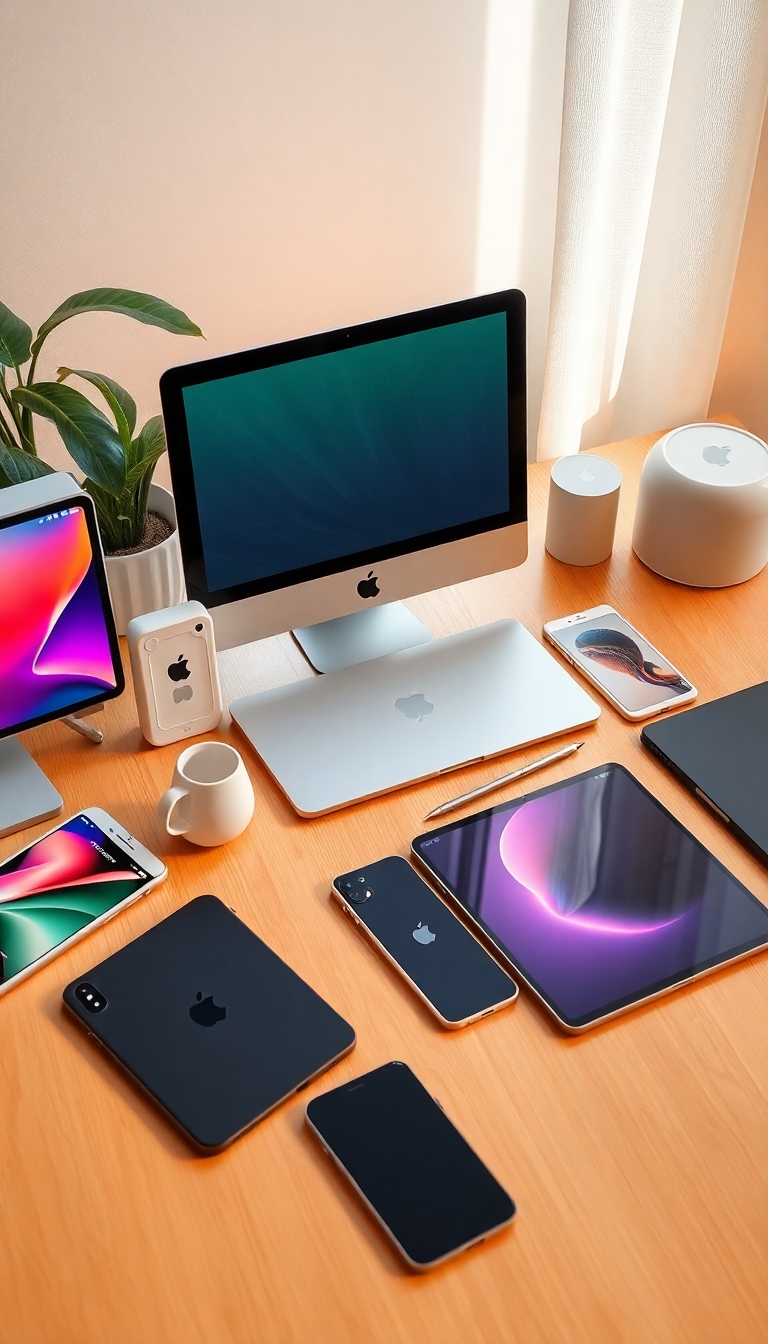 a table full with apple Devices including an iPhone, iPad, Mac and others