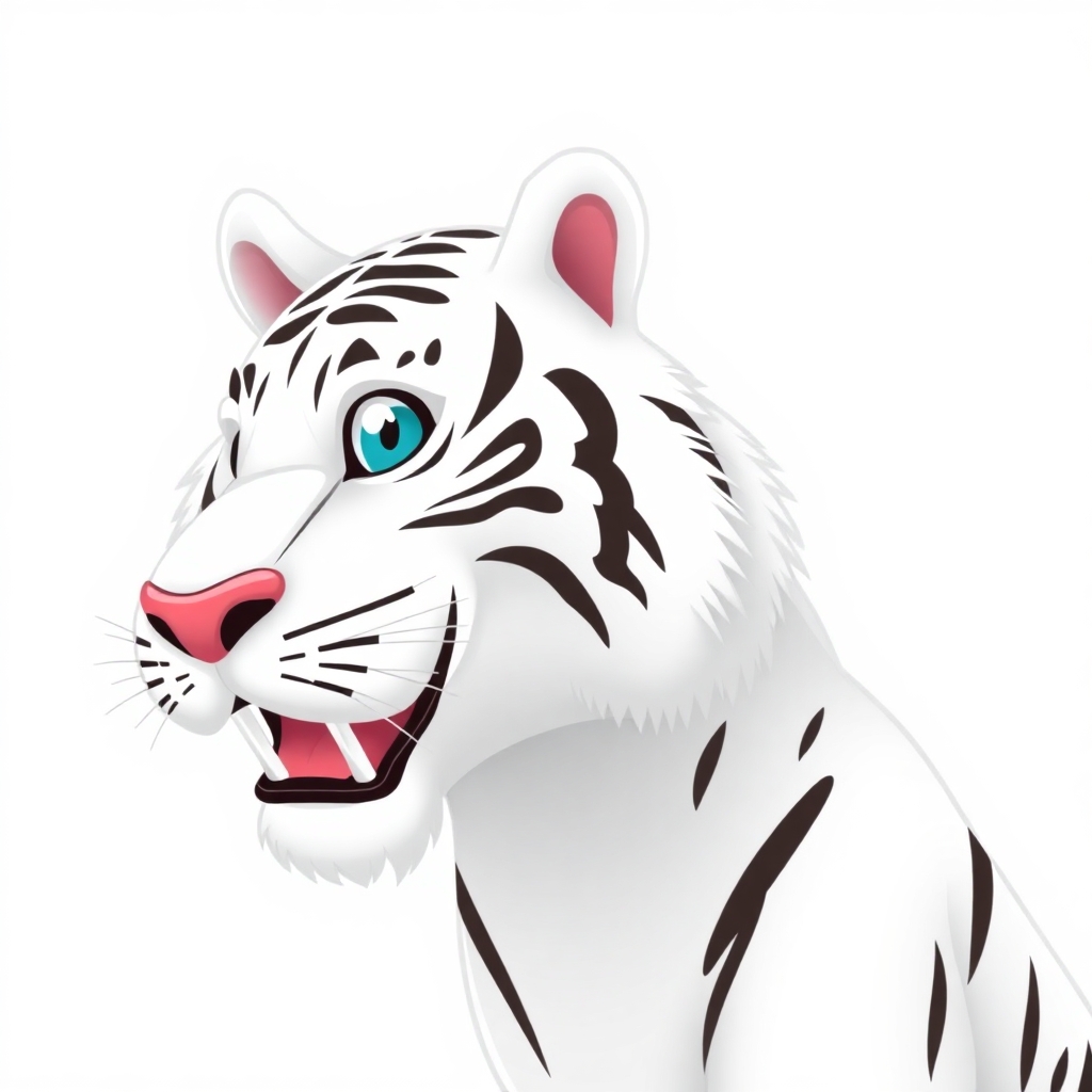 White Tiger with head to the side and mouth open showing teeth and make it cartoonish