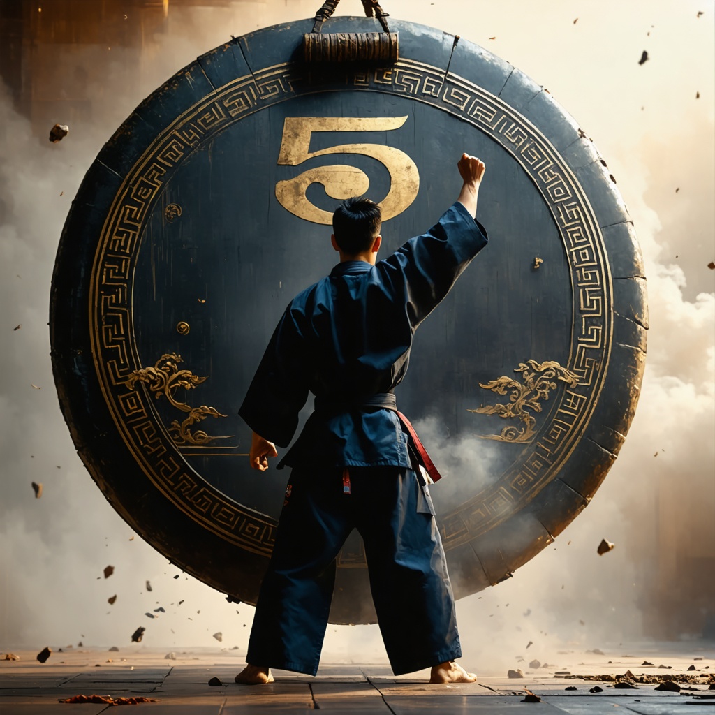 A karate master holding up the number "5" while standing next to a giant, ornate gong