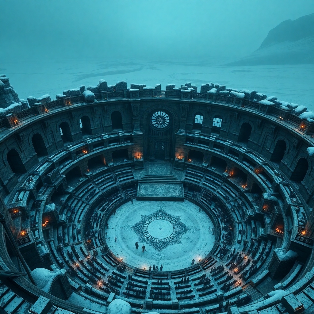 Ancient amphitheatre filled with vampires, torches, high walls, view from above, surrounded by a frozen wasteland, high detail, Skyrim