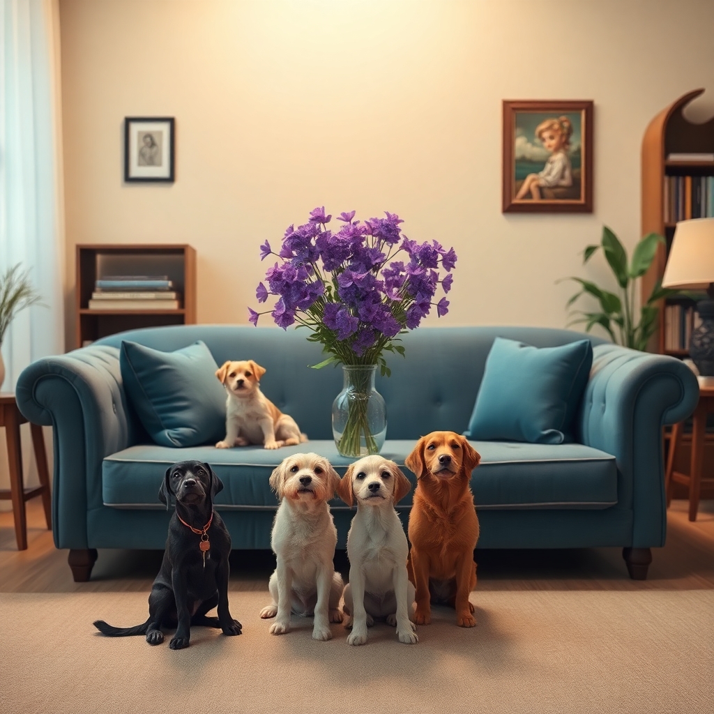 Studio Ghibli style, candid shot, famous randomly couch and randomly finished with randomly dogs, center point for a vase of purple flowers, Use camera is Canon EOS 5D Mark IV with a Canon EF 24mm f/1. 4L II USM lens, set at aperture f/2. 8 for a depth of field that highlights the furniture clean lines with rich and many detail, randomly color and finished, soft ambient light, studio light setting, ultra realistic, UHD, many details