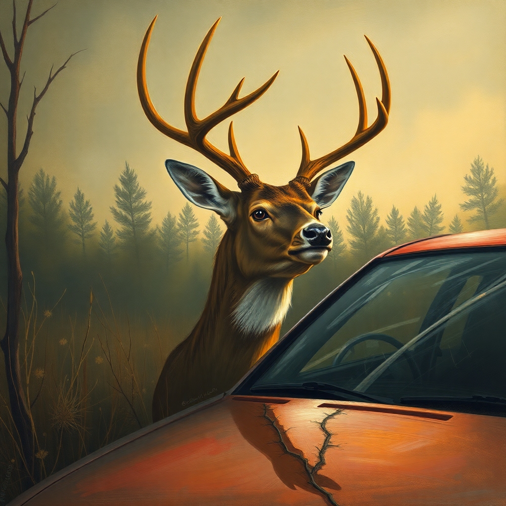 deer that got hit by a car dent in the hood in the style of edvard munch