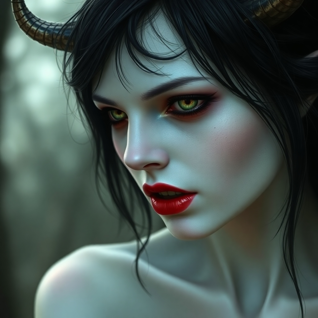 A porcelain-skinned undead elven woman with dark black hair, red lips and a haunting, hungry nature. She has no horns.
