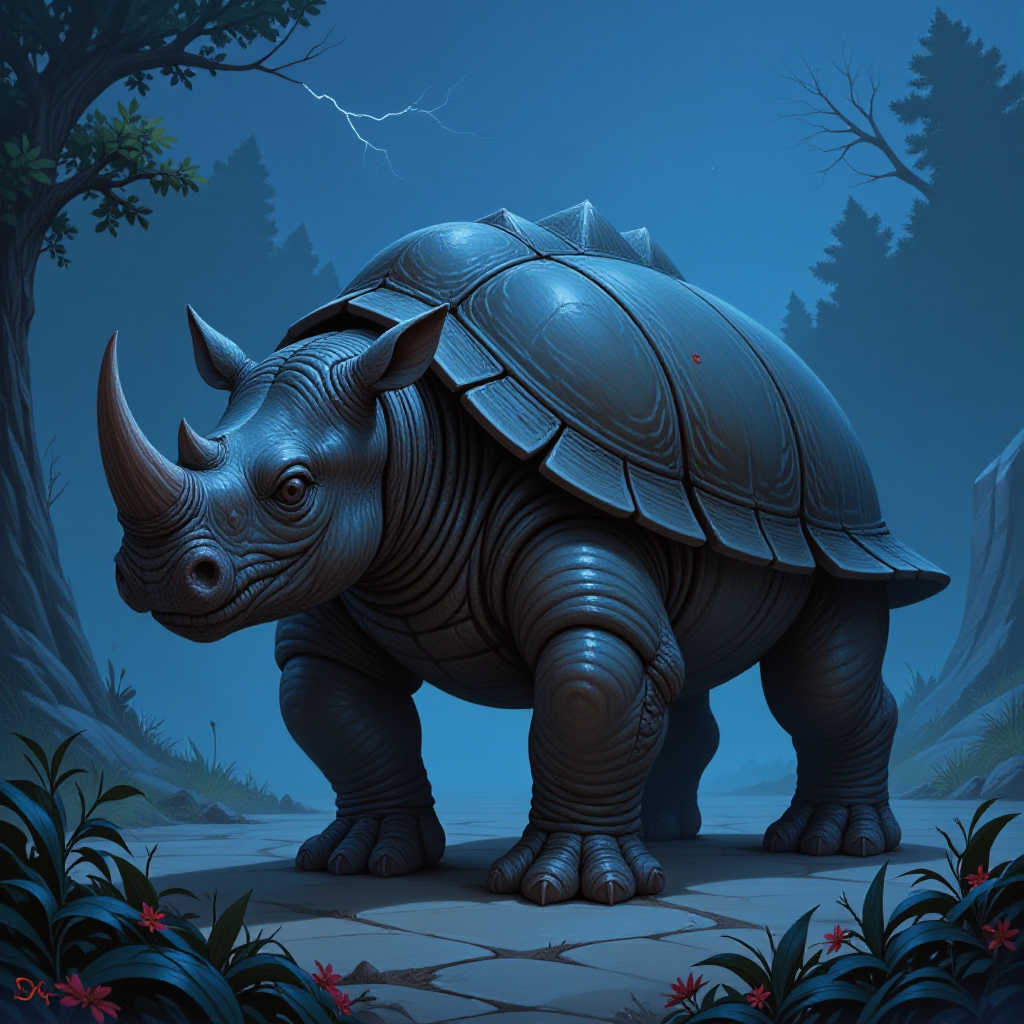 A creature that is half turtle and half medium-sized rhinoceros