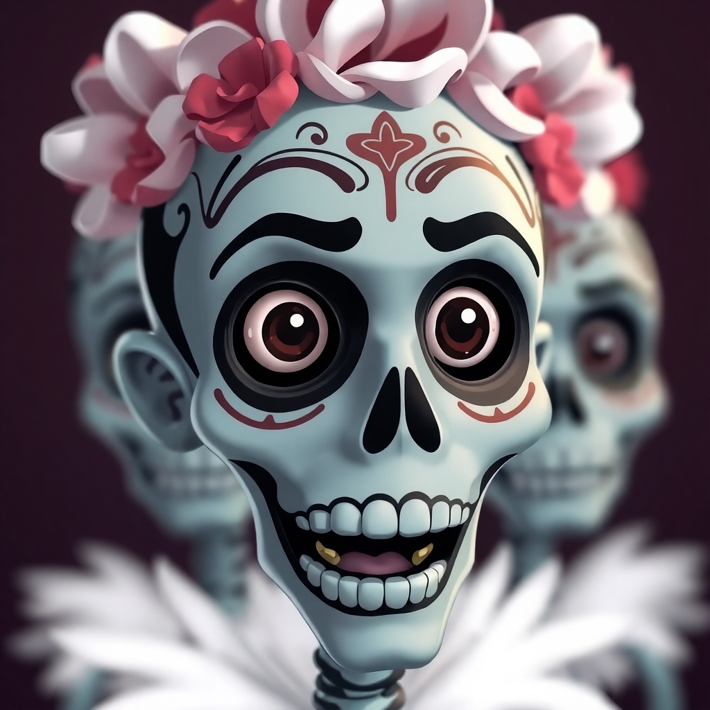 day of the dead, in the style of Unreal Engine 5, caricature-like illustrations, exaggerated facial expression, close up --ar 1:2 --personalize yruxpc2 --stylize 750 --v 6.1