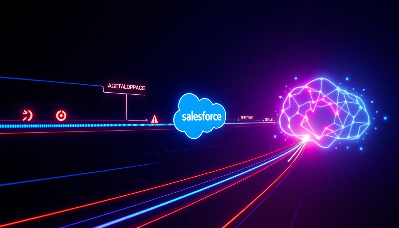 A cinematic, high-tech feature image visualizing the Salesforce Application Lifecycle Management (ALM) pipeline in the FLUX Schnell style.  The composition features a central, continuous, and high-velocity CI/CD flow depicted by glowing, geometric lines of metadata. This pipeline rapidly moves through three distinct, stylized stages:  Development/Code: Represented by a minimalist code bracket icon (<>) and a small, segmented "sandbox" environment.  Testing/Quality: A glowing, analytical scanner or microscope icon.  Deployment/Release: A sharp, upward-pointing arrow or stylized rocket deploying into a large, prominent, and subtly glowing Salesforce Cloud Logo which dominates the background.  Integrate an element of futuristic automation (Agent Force): a geometric, abstract AI brain or neural network overlay with neon blue nodes, strategically positioned to supervise and govern the flow.  Style & Color: Deep, dark blue/purple background, high-contrast neon blue and electric cyan lighting for the pipeline and icons. Use a minimal amount of Salesforce red/orange for critical alert or focus points. The image should be hyper-detailed, ultra-clean, minimalist, and geometric, suitable for a striking video thumbnail.