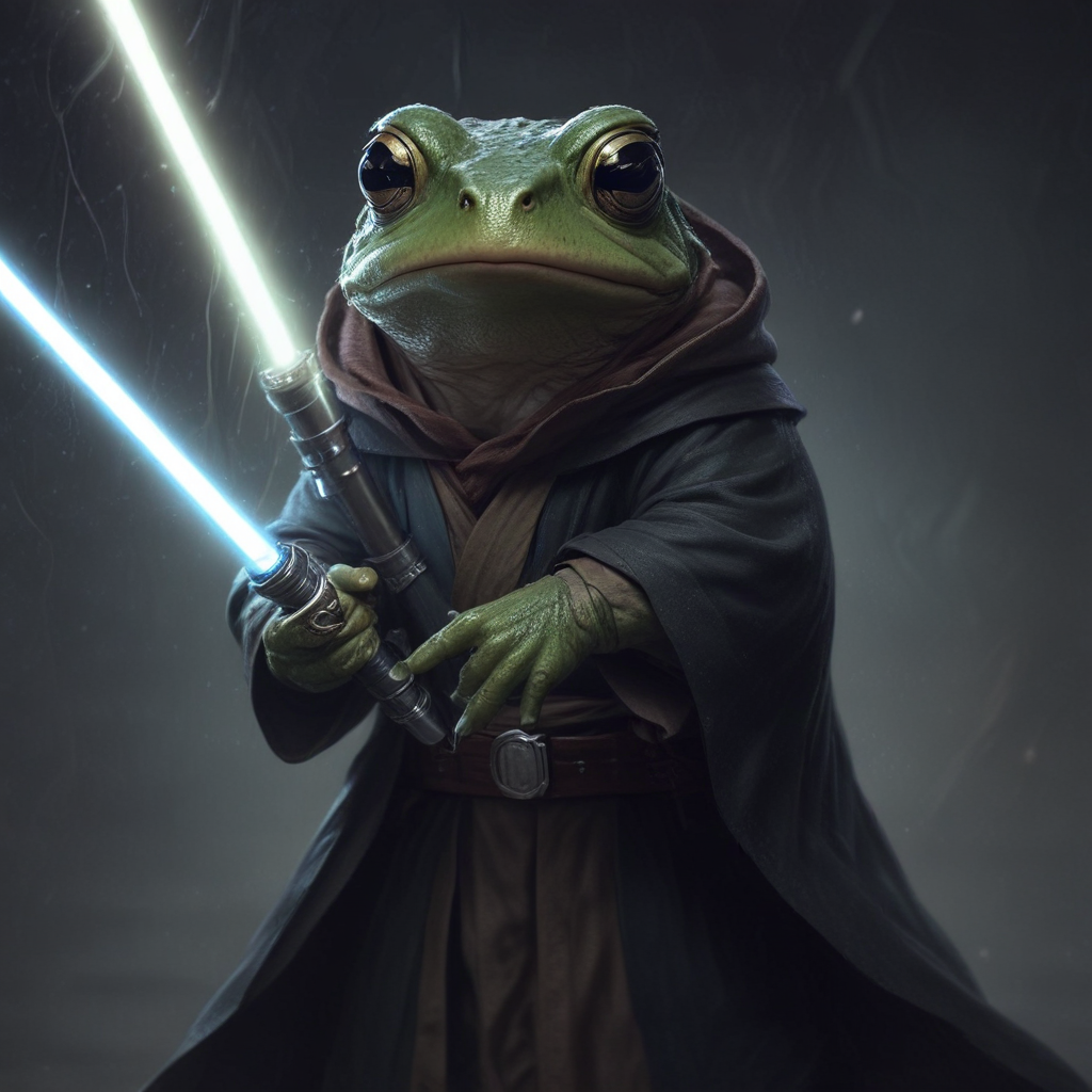 a jedi frog holding a light saber