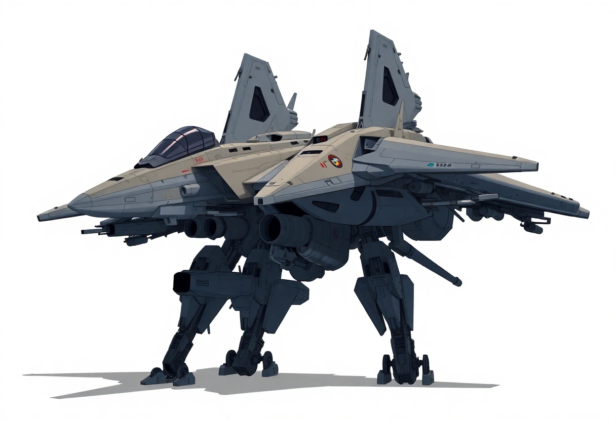 Chinese, Chengdu J-20 style, anime, laterally symmetrical, Macross Valkyrie, Gerwalk Mode, with arms & GU-11 Gun Pod,on a white background. No Multiple cockpits, no deformed legs