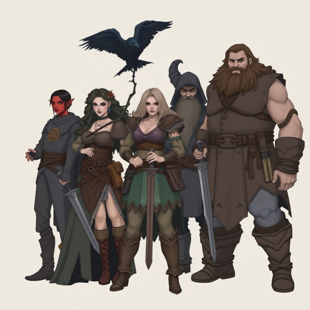 A five member dungeons and dragons adventuring party consisting of: A red-skinned thin male elven bard, an adrogynous female half-elf cleric/warlock with a shadow raven familiar,  a curvy female half-elf sorceror/warlock, a short and wide male dwarven ranger, and a very tall male half-giant barbarian/paladin.