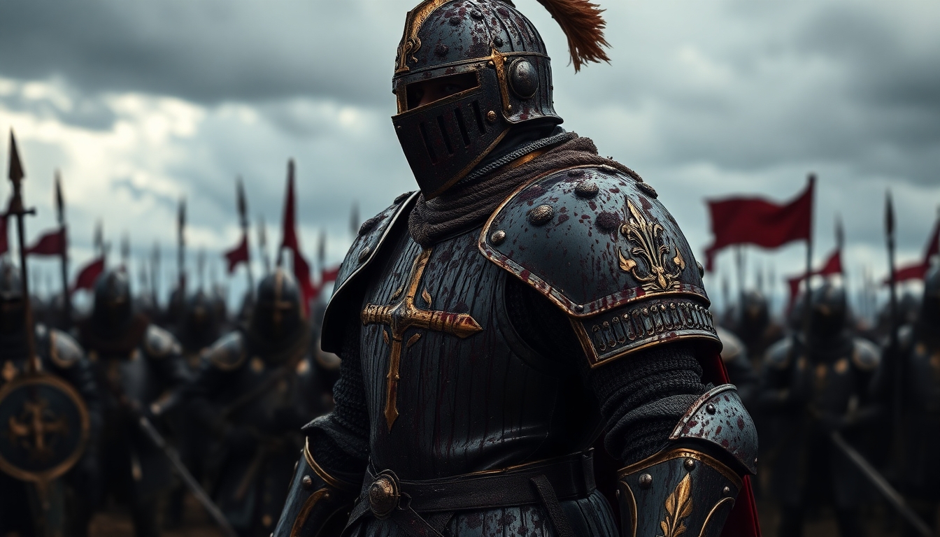 Full length image of a knight in a suit of shining black and gold armour covered in mud and splattered blood. Highly detailed. In the background, medieval soldiers are at war. The sky is dark and cloudy.