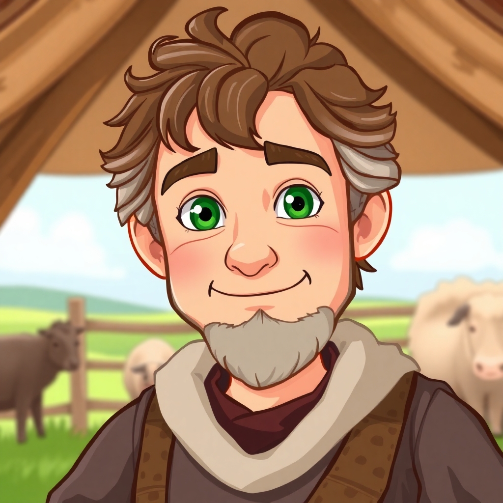 a cartoon drawn young looking grandfather with brown and gray hair and green eyes at age 58 on a farm. This is for a children's book so make him cute, and likeable for the reader to look at. Please have him wearing Medieval clothes in the time of Camelot