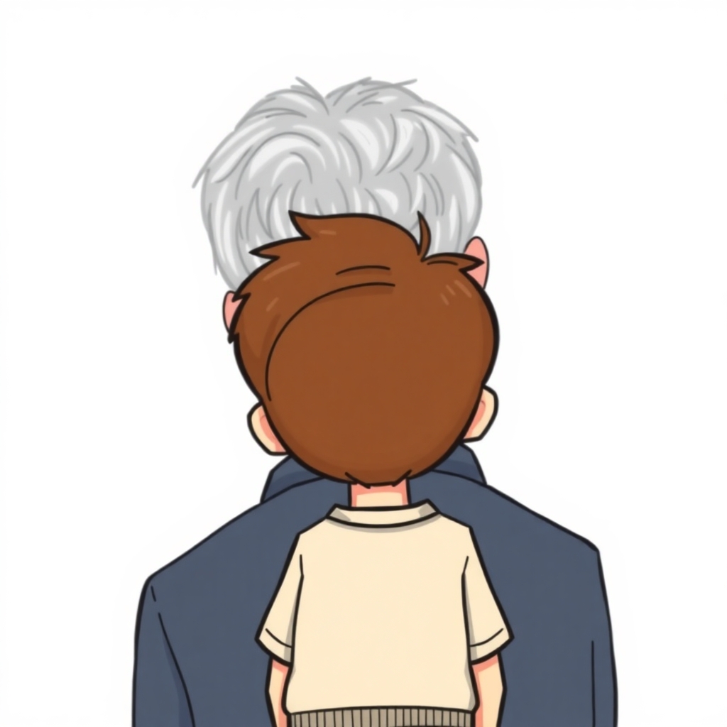 a cartoon drawn little boy with brown hair and his grandfather with short gray hair from behind. https://www.imagiyo.com/images/mxkaz6Y5aJ0P/view