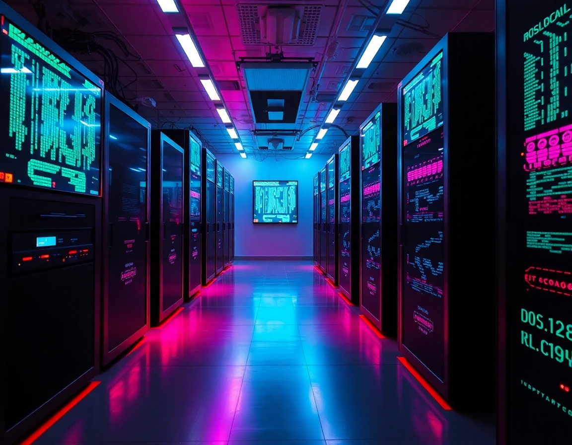 A Server room with dimmed light, screens with matrix-like content.