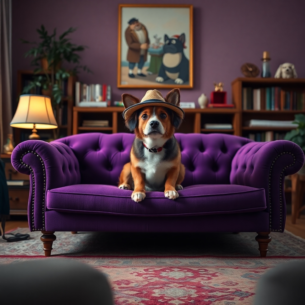 Studio Ghibli style, candid shot, famous randomly purple couch and randomly finished with randomly dogs, center point for a dog wearing a hat, Use camera is Canon EOS 5D Mark IV with a Canon EF 24mm f/1. 4L II USM lens, set at aperture f/2. 8 for a depth of field that highlights the furniture clean lines with rich and many detail, randomly color and finished, soft ambient light, studio light setting