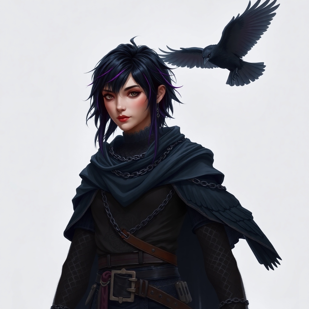 A 5E dnd character who is a half-elf cleric and warlock sworn to the mother of shadows. She wears chain mail, is slightly androgynous, has shoet black hair with purple streaks, and has a shadowy raven familiar.