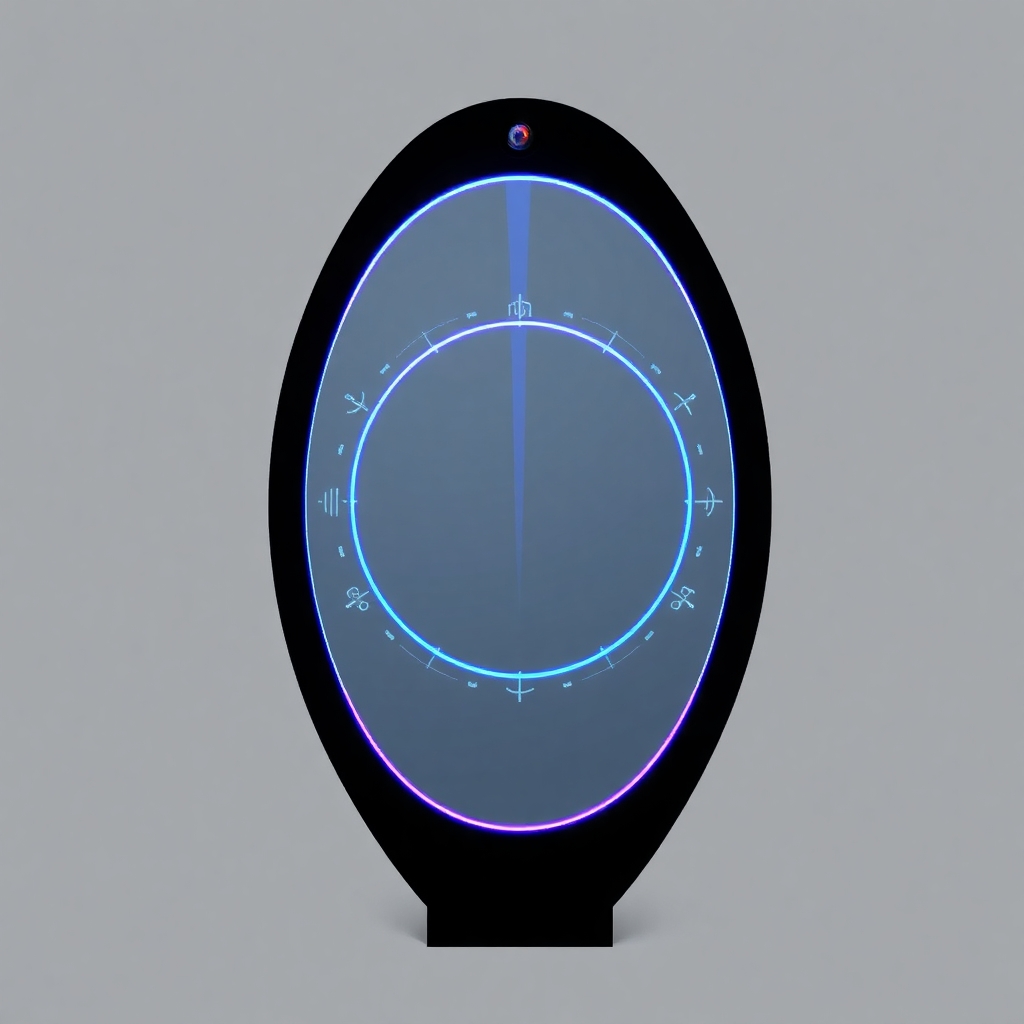 A tall, freestanding oval mirror unit measuring approximately 7 feet high and 3 feet wide, with a flawless, reflective surface. The mirror is framed in polished black onyx, matte in finish, with no visible seams. Two concentric LED-style rings encircle the mirror: the outer ring is electric blue and positioned just inside the frame, while the inner ring is violet and approximately 60% the diameter of the mirror. Between these rings, faint luminous markings and symbols suggest encoded information, softly pulsing. The top center of the unit houses a subtle projection module — a small inset lens that emits a faint vertical glow upward. The background is evenly lit in neutral gray to highlight the mirror without shadow. No human figure is present. The mirror stands in isolation as a sacred tech object.