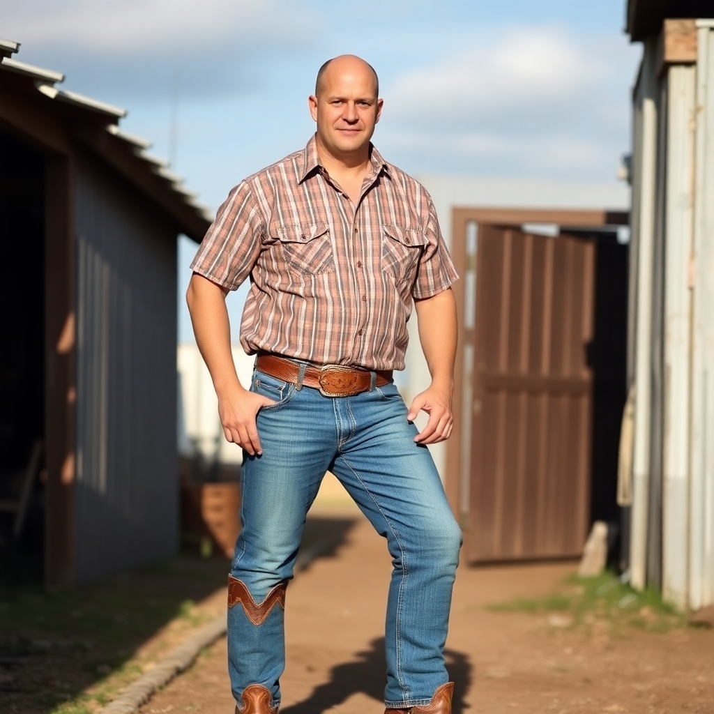 A man, 44 years old, 6 feet tall, white, his head is shaved bald, he's tan, 225 pounds, wearing jeans and a short sleeve western style shirt and brown cowboy boots