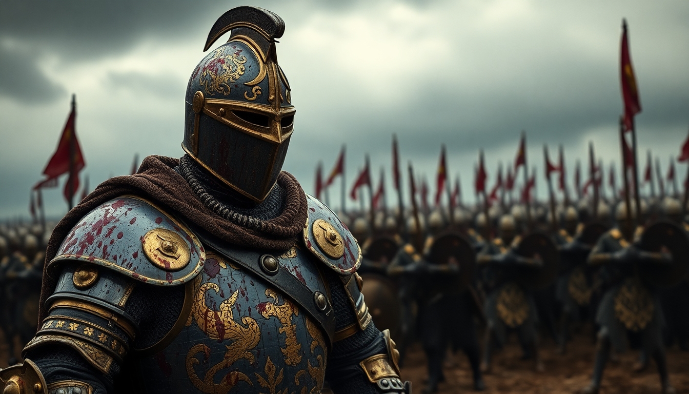 A knight in a suit of shining black and gold armour covered in mud and splattered blood. Highly detailed. In the background, medieval soldiers are at war. The sky is dark and cloudy.