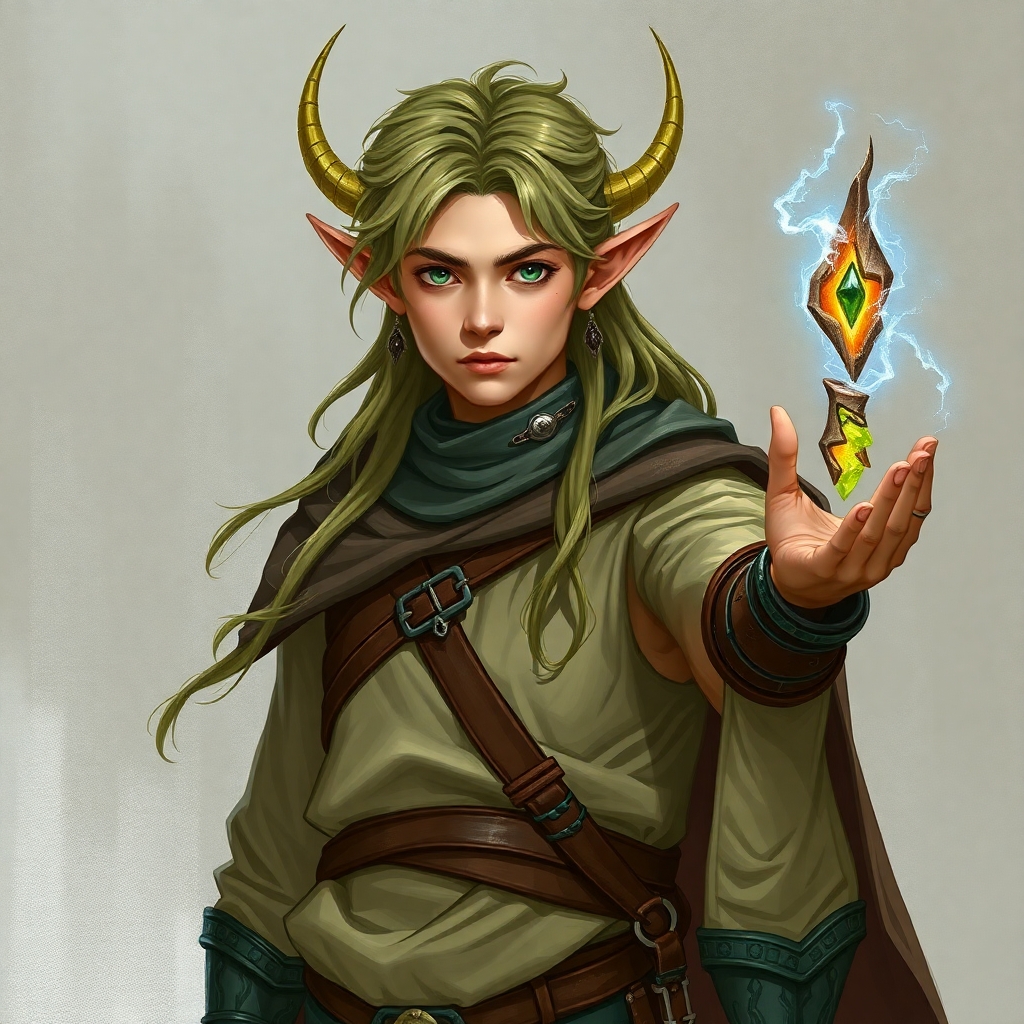 A fifth-edition dungeons and dragons characer who is a young male eladrin druid with a low strength.