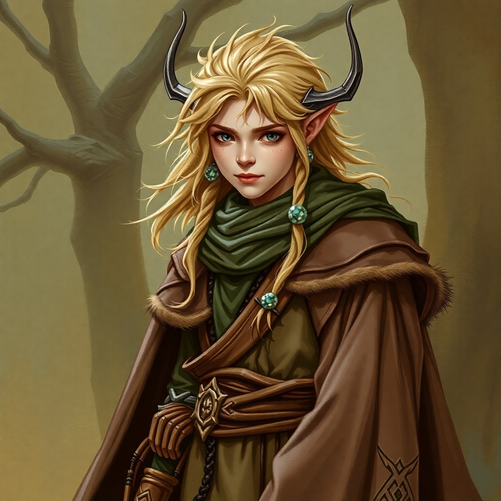 A fifth-edition dungeons and dragons characer who is a young male eladrin druid with a low strength.