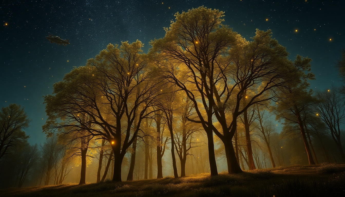 a far away land where trees are people and people are trees, frozen in place and their hair the equivellent of leaves. lots of spaceships fly around and fireflies light up the night sky