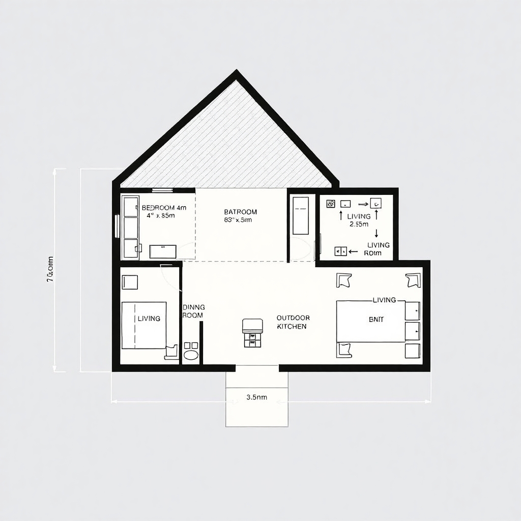 Create a detailed and clear visual layout of a compact house plan including labeled rooms: Bedroom (4m x 3.5m), Bathroom (2.5m x 1.8m), Dining Area (3m x 2.5m), Living Room (3.5m x 3.5m), and Outdoor Kitchen (2.5m x 2.5m).The Outdoor kitchen must detach from main layout. The layout should show efficient use of space and logical circulation suitable for a small lot, with dimensions clearly marked.