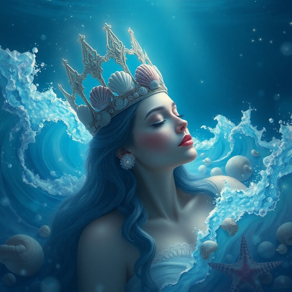 Beneath the waves, where the world sleeps in blue, lives a queen crowned in seashells and starlight too.