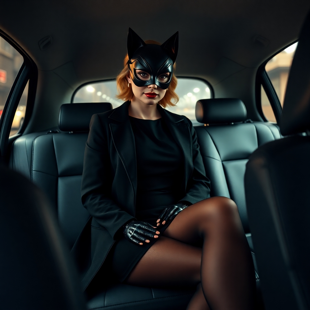a mature woman in a short dress and coat sitting in the backseat, catwoman mask, stockings tights