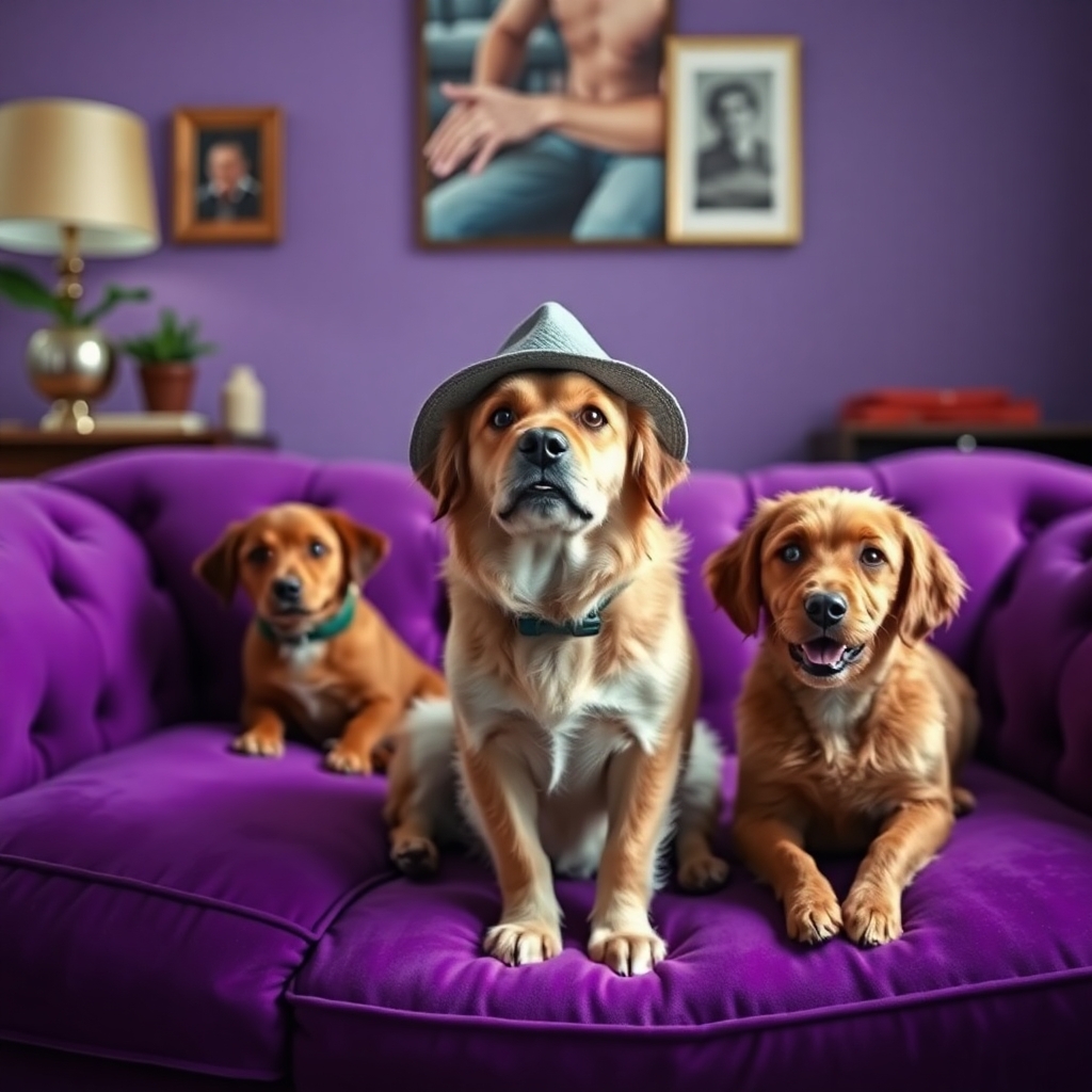 photograph, candid shot, famous randomly purple couch and randomly finished with randomly dogs, center point for a dog wearing a hat, Use camera is Canon EOS 5D Mark IV with a Canon EF 24mm f/1. 4L II USM lens, set at aperture f/2. 8 for a depth of field that highlights the furniture clean lines with rich and many detail, randomly color and finished, soft ambient light, studio light setting, ultra realistic, UHD, many details